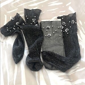 Black Glitter Sheer Socks with Floral Detail